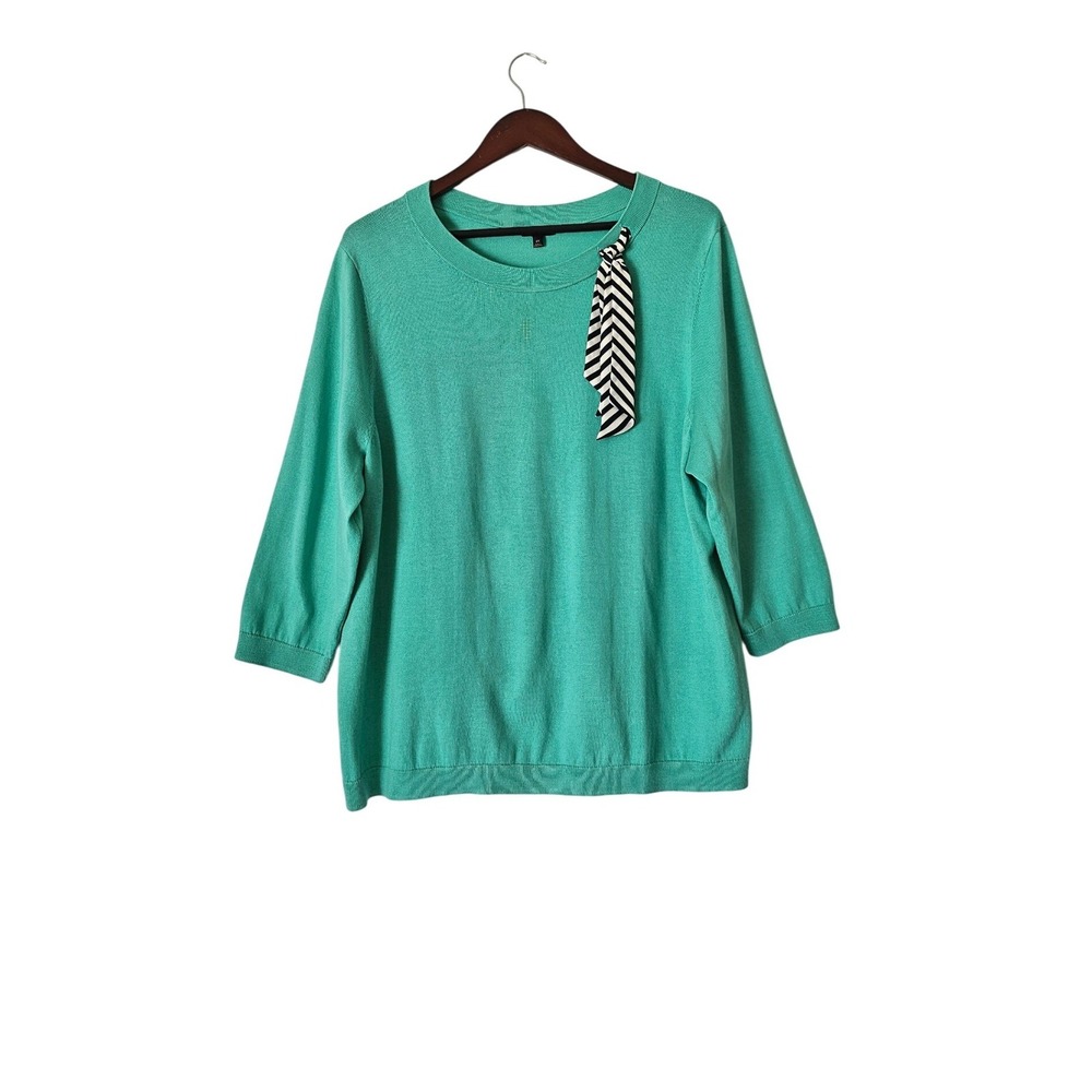 Talbots Plus Sweater Turquoise Green Size 2X Stripe Silk Tie 3/4 Sleeve